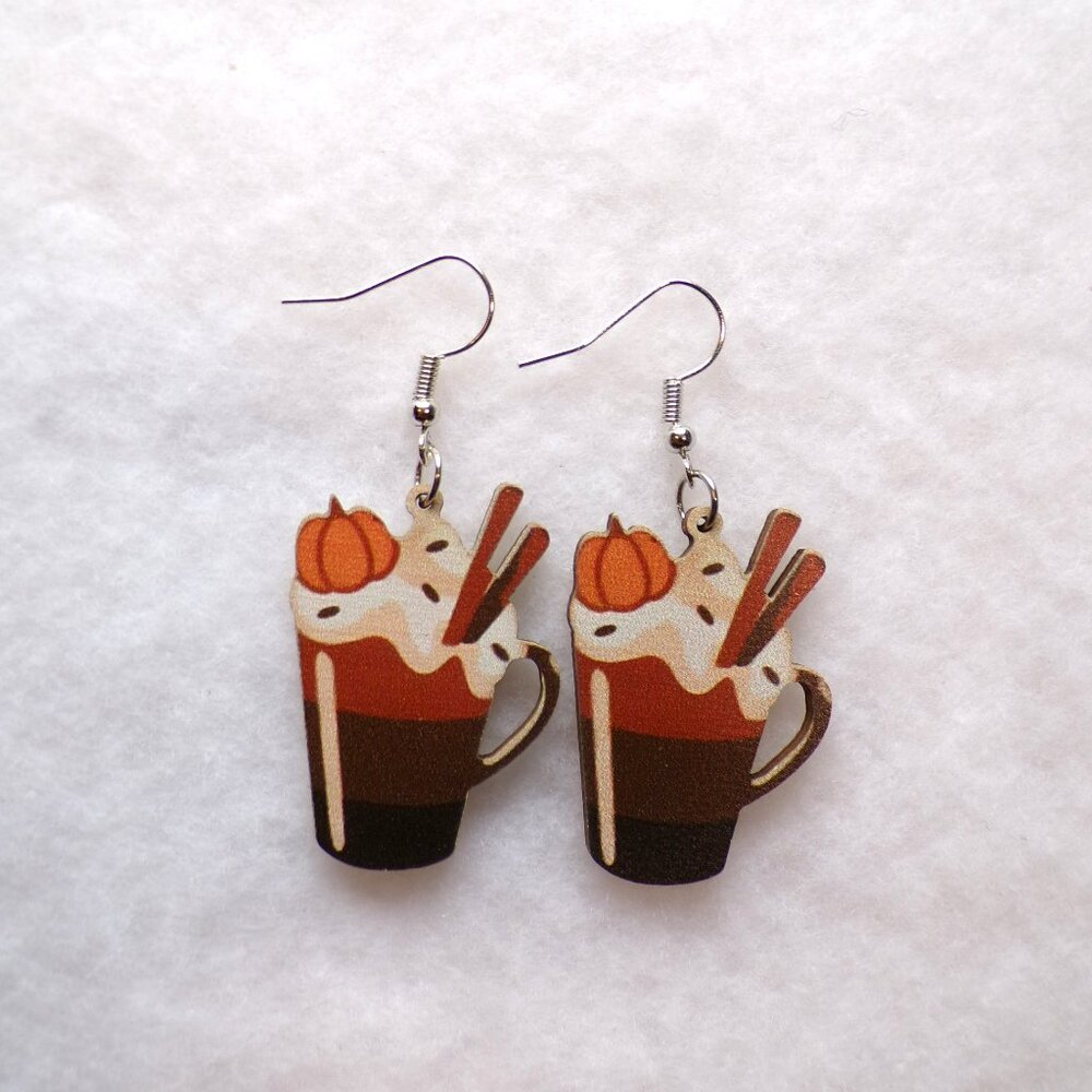 Pumpkin Spice Coffee Earrings Wood Dangle - Picture 5 of 5